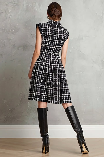 Tweed A-Line Black High Neck Work Dress